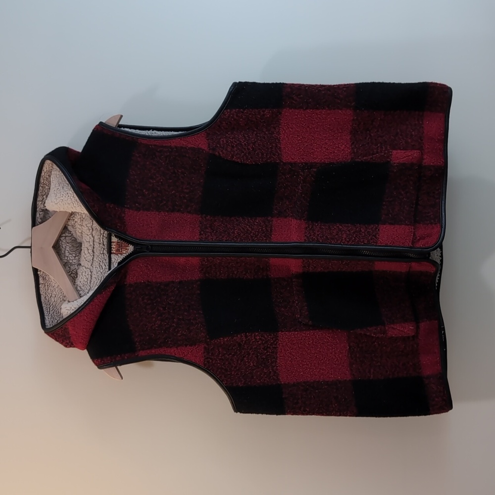 Ruff Hewn Red Plaid Sherpa Vest with Hood